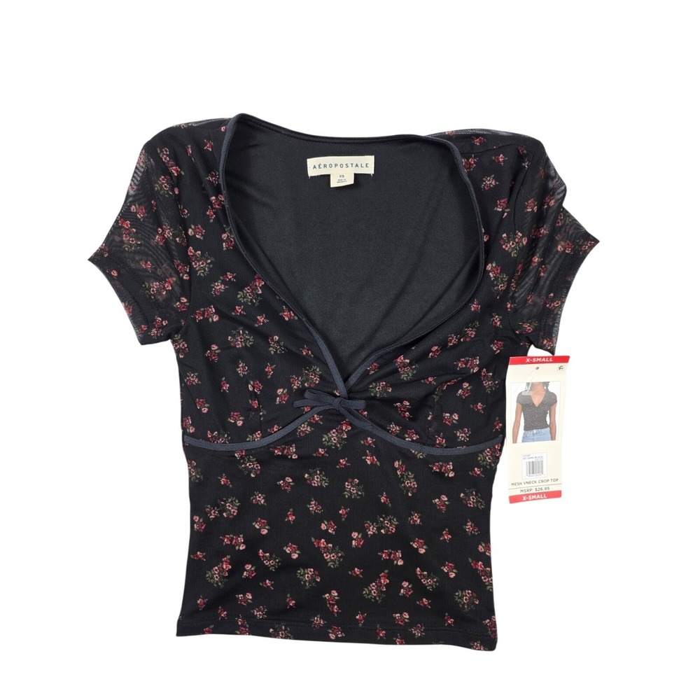 Aeropostale Black Floral Mesh V-Neck Crop Top Women's Size XS NWT